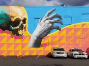 Michael Reeder<br/>2018 - 2019<br/><span style= "font-size: 6pt">33.75409886271096, -84.37183450023473</span> Street Art Mural formerly in Old Fourth Ward Atlanta by Michael Reeder featuring a skull and a hand