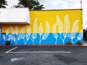 Daniel Minter<br/>2018 - 2020<br/><span style= "font-size: 6pt"> 33.738497936700504, -84.251809988723</span> Street Art Mural formerly in Belvedere Park Atlanta by Daniel Minter featuring a leaf pattern