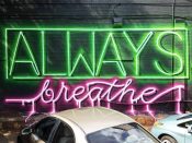 Adam Fu (Adam K. Fujita)<br/>2018 - 2025<br/><span style= "font-size: 6pt">33.74070975579945, -84.34641318762381</span> Street Art Mural formerly in East Atlanta by Adam Fu (Adam K. Fujita) featuring neon style text saying" always breathe"