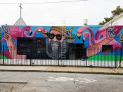 JoeKingATL (Joe Dreher)<br/>2018 - 2021<br/><span style= "font-size: 6pt">33.754624485831634,-84.37670356329357</span> Street Art Mural formerly in Sweet Auburn Atlanta by JoeKingATL (Joe Dreher) featuring flamingos and a man with a beard and donkey ears