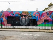 JoeKingATL (Joe Dreher)<br/>2018 - 2021<br/><span style= "font-size: 6pt">33.754624485831634,-84.37670356329357</span> Street Art Mural formerly in Sweet Auburn Atlanta by JoeKingATL (Joe Dreher) featuring flamingos and a man with a beard and donkey ears