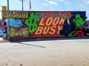 Denial (Daniel Bombardier)<br/>2018 - 2022<br/><span style= "font-size: 6pt">33.74795546998682,-84.34941959655589</span> Street Art Mural formerly in Reynoldstown Atlanta by Denial (Daniel Bombardier) featuring a dollar sign and the text "look busy"