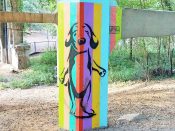 Linda Mitchell<br/>2018 - 2024<br/><span style= "font-size: 6pt">33.78623351678591, -84.37080731731436</span> Street Art Mural formerly on the BeltLine in Virginia-Highland Atlanta by Linda Mitchell featuring a dog on a rainbow background