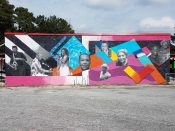 Austin Blue & T.I.<br/>2018 - 2024<br/><span style= "font-size: 6pt">33.69287737804668, -84.49158547697455</span> Street Art Mural formerly in Southwest Atlanta by Austin Blue and Rapper T.I. featuring geometric pattern and photographs of people