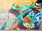 ARCY (Ryan Christenson)<br/>2018 - 2023<br/><span style= "font-size: 6pt">33.72770178916939,-84.41658483453011</span> Street Art Mural formerly on the BeltLine in West End Atlanta by ARCY featuring a frog