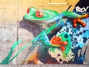 ARCY (Ryan Christenson)<br/>2018 - 2023<br/><span style= "font-size: 6pt">33.72770178916939,-84.41658483453011</span> Street Art Mural formerly on the BeltLine in West End Atlanta by ARCY featuring a frog