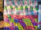 Marge Radford<br/>2018 - 2019<br/><span style= "font-size: 6pt">33.80633582581527, -84.36702312108571</span> Street Art Mural formerly in Morningside Atlanta by Marge Radford featuring a line pattern