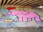 Dope (Ed Jacoby)<br/>2018 - 2025<br/><span style= "font-size: 6pt">33.764335181256, -84.35970630249925</span> Street art mural formerly on the BeltLine in Old Fourth Ward Atlanta by Dope (Ed Jacoby) featuring a pink elephant