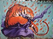 Amy Ashbaugh<br/>2017 - 2019<br/><span style= "font-size: 6pt">33.75189801491692, -84.36387849926922</span> Street Art Mural formerly in Cabbagetown Atlanta by Amy Ashbaugh featuring a tiger