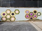 Marge Radford<br/>2018 - 2020<br/><span style= "font-size: 6pt">33.758403211877926, -84.37121209807279</span> Street Art Mural formerly in Old Fourth Ward Atlanta by Marge Radford featuring a hexagonal pattern