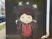 Alex Ferror<br/>2016 - 2019<br/><span style= "font-size: 6pt">33.77115168196365, -84.35208356937524</span> Street Art Mural formerly in Poncy-Highland Atlanta by Alex Ferror featuring a boy with his fingers in his ears