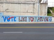 Sachi Rome and Ashley Dopson<br/>2018 - 2021<br/><span style= "font-size: 6pt">33.73518432177809, -84.40821967610465</span> Street Art Mural formerly in Adair Park Atlanta by Sachi Rome and Ashley D Paints featuring "vote like you mean it"