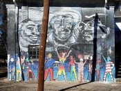 JoeKingATL (Joe Drehr)<br/>2017 - 2020<br/><span style= "font-size: 6pt">33.77136137232222, -84.41080134174402</span> Street Art Mural formerly in English Avenue Atlanta by Joe Dreher featuring three faces