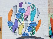 Kayleen Scott<br/>2019 - 2025 <br/><span style= "font-size: 6pt">33.73446497277403, -84.34908189855109</span> Street Art Mural formerly in East Atlanta by Kayleen Scott featurig hands, flowers, and knives