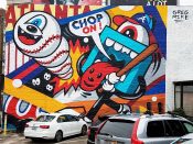 Greg Mike<br/>2019 - 2020<br/><span style= "font-size: 6pt">33.77362703980223, -84.36431940002443</span> Street Art Mural formerly in Midtown Atlanta by Greg Mike featuring a Braves Baseball theme
