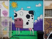 Chris Alvarez<br/>2019 - 2020<br/><span style= "font-size: 6pt">33.743866887488906, -84.43865875688931</span> Street Art Mural formerly in Westview Atlanta by Chris Alvarez featuring a stylized cow