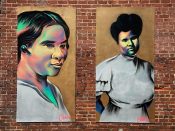 Fabian Williams<br/>2019 - 2021<br/><span style= "font-size: 6pt">33.755610605213306,-84.37628292579114</span> Street Art mural formerly in Sweet Auburn Atlanta by Fabian Williams featuring two portraits of women