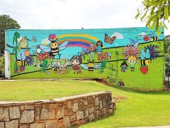 Olive47<br/>2016? - 2026<br/><span style= "font-size: 6pt">33.75994359573432, -84.30374294796214</span> Street Art Mural formerly in Oakhurst Atlanta by Olive47 featuring kids playing