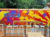 Adam Stephenson<br/>2019 - 2022<br/><span style= "font-size: 6pt">33.76053808420539, -84.30490532586957</span> Street Art Mural formerly in Oakhurst Atlanta by Adam Stephenson featuring an orange and yellow pattern