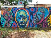 Corey Barksdale<br/>2019 - 2025<br/><span style= "font-size: 6pt">33.767198185792786, -84.30457806086496</span> Street Art Mural formerly in Decatur, Georgia by Corey Barksdale featuring three faces