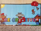 Shambe Badila & Tyree Smith<br/>2019 - 2023<br/><span style= "font-size: 6pt">33.8088931071041,-84.37764719411177</span> Street Art Mural formerly on the BeltLine in Buckhead Atlanta by Shambe Badila & Tyree Smith featurng the words "be creative"