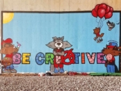 Shambe Badila & Tyree Smith<br/>2019 - 2023<br/><span style= "font-size: 6pt">33.8088931071041,-84.37764719411177</span> Street Art Mural formerly on the BeltLine in Buckhead Atlanta by Shambe Badila & Tyree Smith featurng the words "be creative"