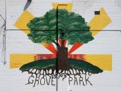 Ashli Ognelodh<br/>2018 - 2025<br/><span style= "font-size: 6pt">33.77173486850834, -84.44028527141005</span> Street Art Mural formerly in Grove Park Atlanta by Ashli Ognelodh featuring a tree and the words "Grove Park"