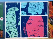 Sanithna Phansavanh<br/>2019 - 2021<br/><span style= "font-size: 6pt">33.752510815211245, -84.36233374395401</span> Street Art Mural formerly in Cabbagetown Atlanta by Sanithna featuring a snake, flower, and face