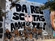 FRKO<br/>2019 - 2021<br/><span style= "font-size: 6pt">33.75243696177304, -84.36269078068956</span> Street Art Mural formerly in Cabbagetown Atlanta by FRKO featuring people on scooters