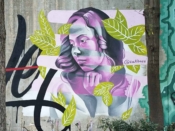 Cathryn Bozone<br/>2019 - 2024<br/><span style= "font-size: 6pt">33.75182648401382, -84.36505663018612</span> Street Art Mural formerly in Cabbagetown Atlanta by Cathryn Bozone featuring a grey and purple face