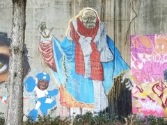 Street Art Mural formerly in Cabbagetown Atlanta by JoeKingATL (Joe Drehr) featuring a homeless person
