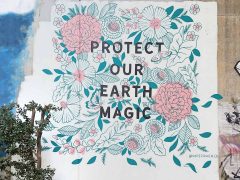 PaperRaven<br/>2019 - 2025<br/><span style= "font-size: 6pt">33.75177987822135, -84.36526845606008</span> Street Art Mural in Cabbagetown Atlanta by PaperRaven featurig the words "Protect our earth magic"