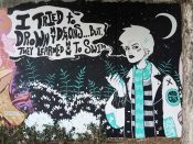 Courtney Hicks<br/>2019 - 2021<br/><span style= "font-size: 6pt">33.75204594595417,-84.36420612037239</span> Street Art Mural formerly in Cabbagetown Atlanta by Courtney Hicks featuring a woman struggling with demons