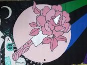 Kayleen Scott<br/>2019 - 2021<br/><span style= "font-size: 6pt">33.752054866442016,-84.36416991055069</span> Street Art Mural formerly in Cabbagetown Atlanta by Kayleen Scott featuring a flower and a knife