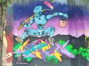 Seven (Eric Finley)<br/>2019 - 2022<br/><span style= "font-size: 6pt">33.751586542607406, -84.36612844604524</span> Street Art Mural formerly in Cabbagetown Atlanta by Seven (Eric Finley) featuring a robot