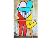 Yoyo Ferro<br/>2019 - 2023<br/><span style= "font-size: 6pt">33.75171777663762, -84.36552522801641</span> Street Art Mural formerly in Cabbagetown Atlanta by Yoyo Ferro featuring two figures hugging