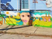 70Dot (Donna Howells)<br/>2017 - 2019<br/><span style= "font-size: 6pt">33.746826369284136, -84.36576250649941</span> Street Art Mural formerly in Cabbagetown Atlanta by Donna Howells featuring a Fulton Bag and Cotton Mill Spinner