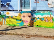 70Dot (Donna Howells)<br/>2017 - 2019<br/><span style= "font-size: 6pt">33.746826369284136, -84.36576250649941</span> Street Art Mural formerly in Cabbagetown Atlanta by Donna Howells featuring a Fulton Bag and Cotton Mill Spinner