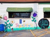 Artsy Elaine (Elaine Stephenson)<br/>2019 - 2020<br/><span style= "font-size: 6pt">33.74667879609063, -84.35602904811465</span> Street Art Mural formerly in Reynoldstown Atlanta by Artsy Elaine (Elaine Stephenson) featuring coffee cups growing on plants