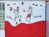 Kyle Brooks<br/>2016 - 2020<br/><span style= "font-size: 6pt">33.77199720089988, -84.29226197075873</span> Street Art Mural formerly in Decatur, Georgia by Kyle Brooks featuring two wiener people