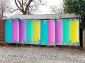 Marge Radford<br/>2019 - 2020<br/><span style= "font-size: 6pt">33.733885570007494, -84.3486125982996</span> Street Art Mural formerly in East Atlanta by Marge Radford featuring vertical bands of color