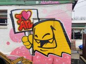 Mr. Fangs<br/>2019 - 2020<br/><span style= "font-size: 6pt">33.746800616630935, -84.35585526270656</span> Street Art Mural formerly in Reynoldstown Atlanta by Mr. Fangs featuring the ghost holding a sign