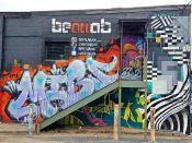 MIBS, Unoe, and illdes<br/>2019 - 2020<br/><span style= "font-size: 6pt">33.766644398038785, -84.34965450559254</span> Street Art formerly in Little Five Points Atlanta by MIBS, Unoe, and illdes featuring graffiti, a bird, and a geometric pattern