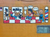 Artist ?<br/>2020 - 2020<br/><span style= "font-size: 6pt">33.74573655776744, -84.40569839876946</span> Street Art Mural formerly in Castleberry Hill Atlanta by an unknown artist featuring a barbershop scene