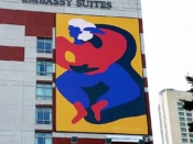 Meredith Anne White<br/>2020 - 2021<br/><span style= "font-size: 6pt">33.76074192649821, -84.39521890969745</span> Street Art Mural formerly in Downtown Atlanta by Meredith Anne White featuring a red and blue figure