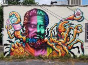 Chris Makes Art (Chris Wright) & Matt Letrs<br/>2020 - 2020<br/><span style= "font-size: 6pt">33.740357937940814, -84.3448376764834</span> Street Art Mural formerly in East Atlanta Village by Chris Makes Art (Chris Wright) & Matt Letrs featuring Hippocrates and a crab