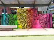 Lela Brunet<br/>2020 - 2021<br/><span style= "font-size: 6pt">33.75536340823533, -84.3652073341161</span> Street Art Mural formerly on the Atlanta Beltline in Inman Park by Lela Brunet featuring two women with intricate hair