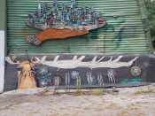 Lacy Freeman<br/>2019? - 2020<br/><span style= "font-size: 6pt">33.758315427316646, -84.36494817831597</span> Street Art Mural formerly on the Atlanta Beltline in Old Fourth Ward by Lacy Freeman featuring a moose with bicycle wheels hung from its antler