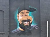 Jarrett Becke<br/>2020 - 2021<br/><span style= "font-size: 6pt">33.733973600180136, -84.39875618220516</span> Street Art Mural formerly in Mechanicsville Atlanta by Jarrett Becke featuring a caricature of Nelson Guzman