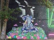 Eric Nine<br/>2020 - 2025<br/><span style= "font-size: 6pt">33.740691711243855, -84.34646672283019</span> Street Art Mural formerly in East Atlanta by Eric Nine featuring an elephant with smoking tusks